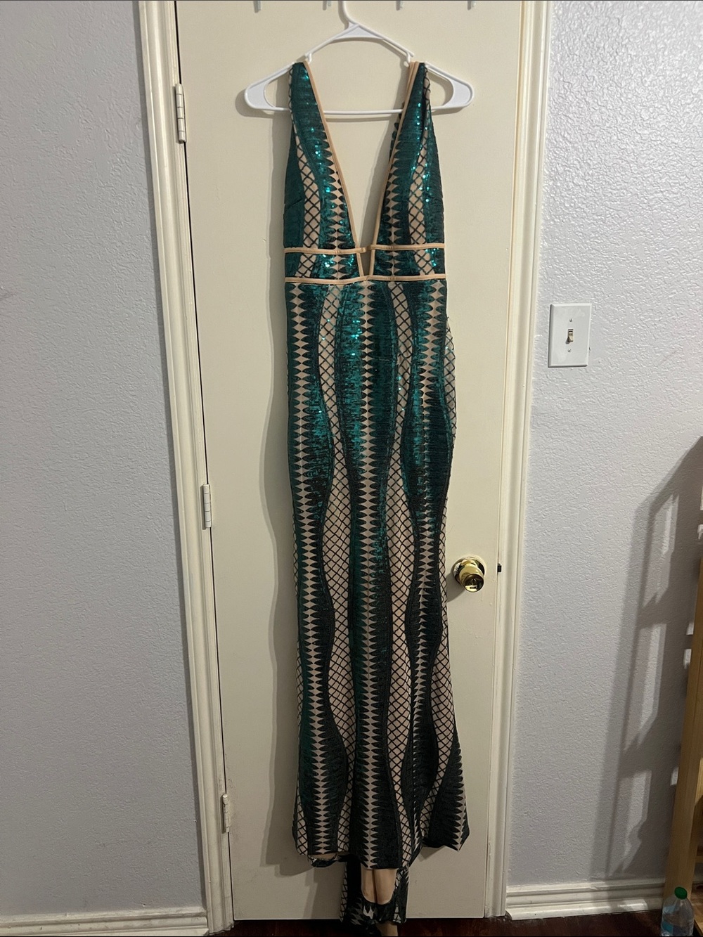 Sleeveless Deep V Emerald Sequin Evening Dress